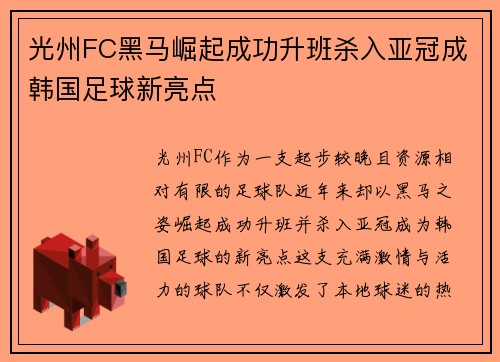 光州FC黑马崛起成功升班杀入亚冠成韩国足球新亮点